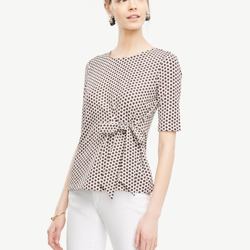 Ann Taylor White Dot Bow Front Top